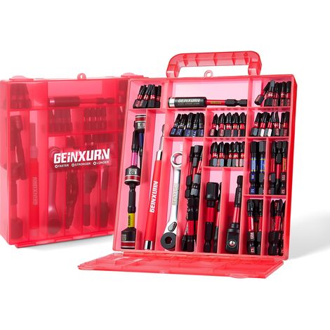 Lot de 99 Embouts de Vissage (Torx, Cruciforme, PZ, Hex, SL), en Acier S2 Magnétique, avec Porte-embout, Adaptateur, Clé à Douille, Mini Clé à Cliquet avec Boîte de Rangement Rouge (1/5)