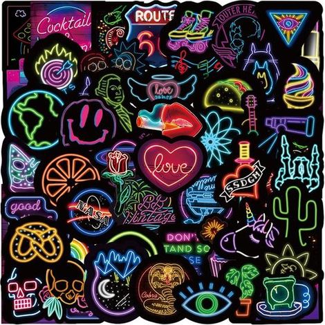Lot de 50 autocollants néon - Pour ordinateur portable, bullet journal, valise - Stickers de décoration - Pour enfants et adultes