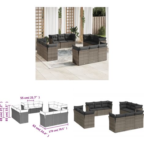 12-tlg. Garten-Sofagarnitur mit Kissen Grau Poly Rattan - Gartensofas - Outdoor Möbel - Lounge Set - Rattan Sofa - Gartenlounge - Home & Living (1/3)