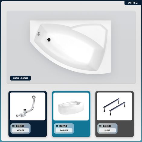 Baignoire asymétrique - 160 x 100 cm - Droite - avec Tablier - Pieds - Vidage Chrome - RIMA (1/5)
