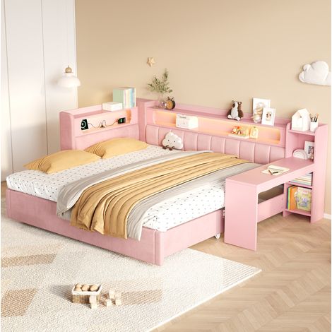 Tagesbett 90x200 cm Rosa aus MDF, Sperrholz und Stoff mit LED-Beleuchtung, USB-Anschluss, Ausziehbett und Schreibtisch (1/5)