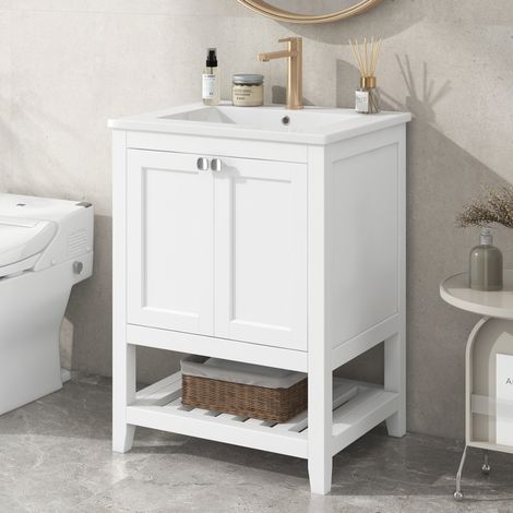 Mueble lavabo 61x46x90 cm de madera y MDF blanco, lavabo cerámico, compacto – MEUBLIV (1/5)