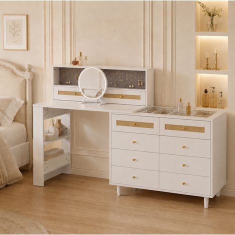 Coiffeuse avec miroir 105x50x107,5 cm, 10 tiroirs, rangement à bijoux et plateau en verre, MDF blanc (1/5)