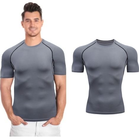 T-shirt de sport homme compression respirant manches courtes, gris taille M (1/5)