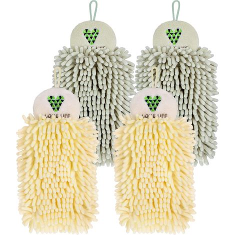 BEBUSINGOTO Lot de 4 serviettes à main en chenille à suspendre avec boules pelucheuses, serviettes à main en chenille pour salle de bain, serviettes à boules pelucheuses, beige et vert clair (1/4)