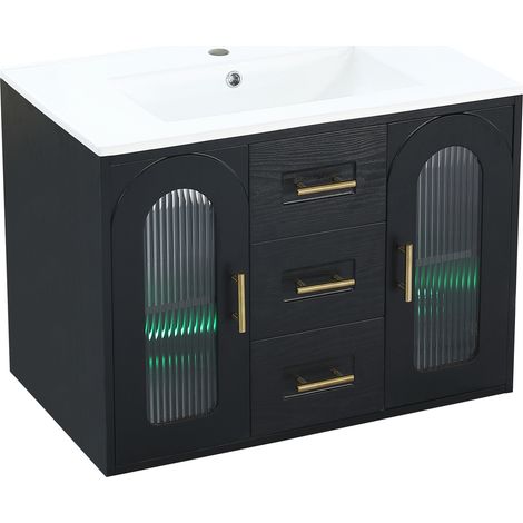 Meuble de salle de bain suspendu 76 cm avec lavabo en céramique, porte en verre rainurée noire, éclairage LED, étagères réglables, sans robinet (1/5)