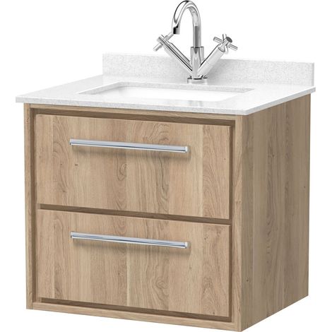 Longnor 2 Drawer Wall Hung Vanity Unit with Square Basin and Marble Worktop, Light Oak, 600mm