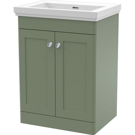 Swynnerton Traditional 2 Door Floor Standing Vanity Unit with Basin, Satin Green, 600mm