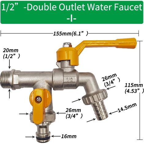 (1 pièce) Adaptateur pour robinet de tuyau d'arrosage 1/2'', connecteur pour réservoir d'eau IBC, irrigation 2 voies/1 voie, raccord de remplacement en laiton avec vanne à bille (1/5)