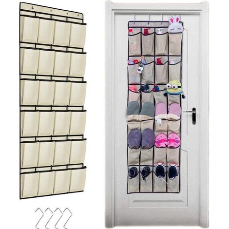 Beige Rangement de Chaussures Suspendu 24 Poches sur la Porte Stockage de Chaussures Gain de Place Armoire à Chaussures avec 4 Crochets (1/5)