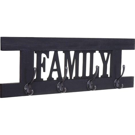 Appendiabiti da parete in legno grigio scuro in stile vintage per famiglie con 4 ganci 20,5x60x1,5 cm MED04065