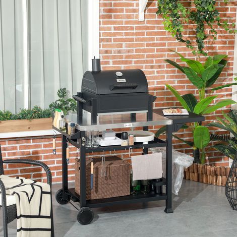 Chariot de barbecue Outsunny 3 niveaux, table pliante latérale, 6 crochets, roues, rangement à bouteilles, plan de travail pour jardin et terrasse