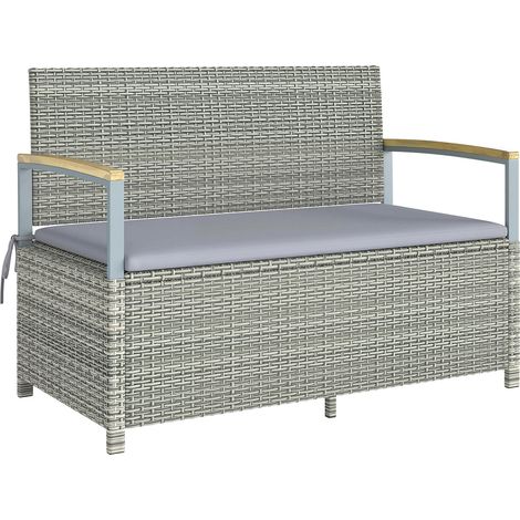 Banc coffre Lothar 2 places rangement extérieur coussin gris clair bois acacia 120x60cm