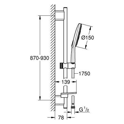 Grohe Rainshower SmartActive - Set de douche de tête 150, 3 jets, barre 90 cm et flexible, blanc chrome 26593000