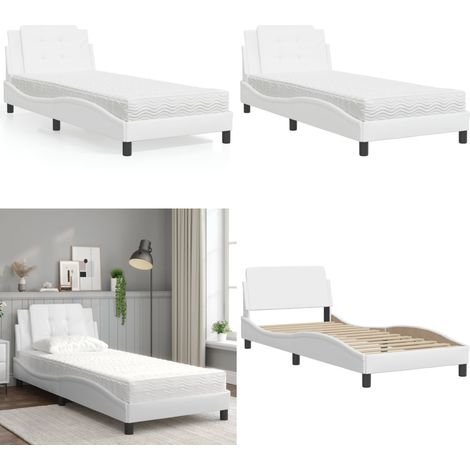 Bett mit Matratze Weiß 90x200 cm Kunstleder - Schlafzimmer Möbel - Doppelbett - Boxspringbetten - Betten Günstig - Bettgestell - Home & Living (1/5)