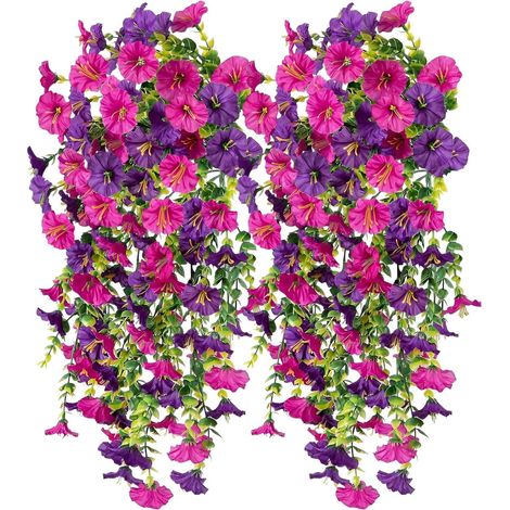 Lot de 4 liernes d'été artificielles retombantes 75 cm, fleurs en soie et PVC, balcon extérieur (1/5)