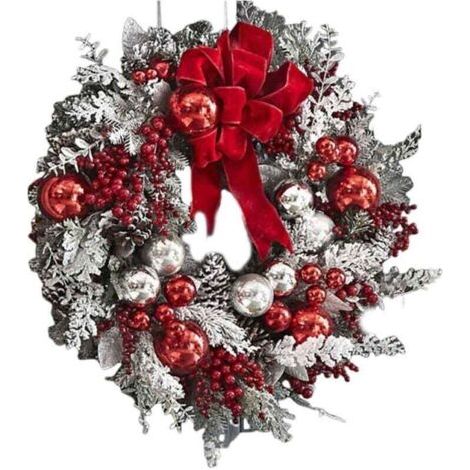 Couronne de Noël artificielle en rotin recouvert de neige, arbre renversé, nœud rouge, ruban, mise en page de la scène, boules brillantes, décoration de porte de Noël, guirlande suspendue pour fête (1/4)