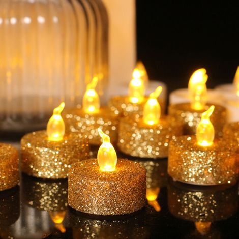 24 goldene LED-Teelichter mit Glitzer, schwarze, flammenlose Votivkerzen, batteriebetrieben mit warmgelbem Licht für Weihnachten, Hochzeiten, Tischdekorationen und Geburtstage