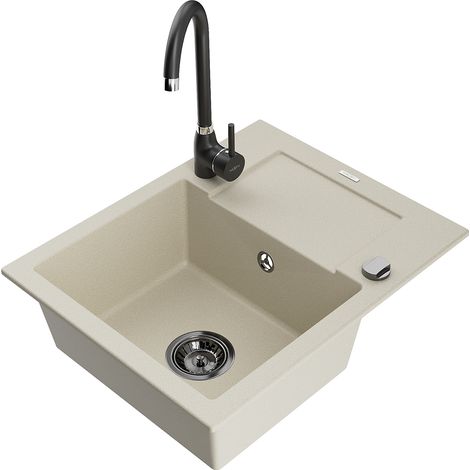 Mexen Enzo fregadero de cocina de granito de 1 seno con escurridor y grifo de cocina Telma, color beige - 6506-69-670200-70 (1/5)