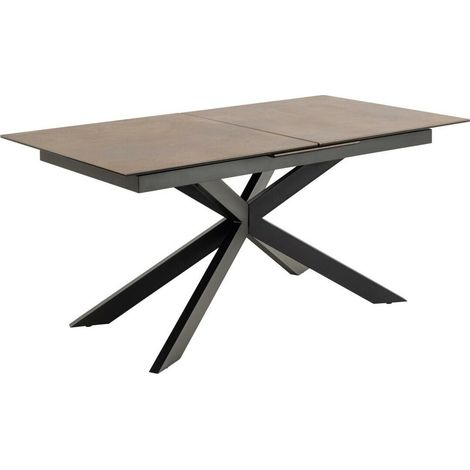 Mesa Norsica 685, Negro + Marrón, 76x90x168cm, Alargamiento, Vidrio templado, Cerámica, Metal