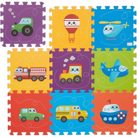 Relaxdays Tappeto Gioco Bambini, Puzzle 9 Tasselli con Auto e Veicoli, Tappetino per Gattonare, Tappetone, Colorato