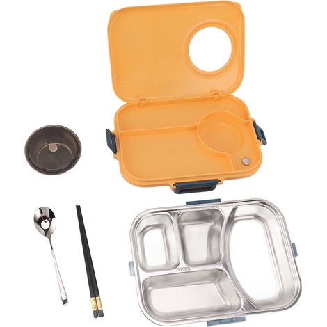 Bento-Box mit 4 Fächern, 1200 ml, Edelstahl 304, isoliert, inklusive Suppenschüssel, Deckel, Löffel und Essstäbchen. Ideal als Lunchbox für Schüler, Büroangestellte und Studenten. Farbe: Gelb. (1/5)
