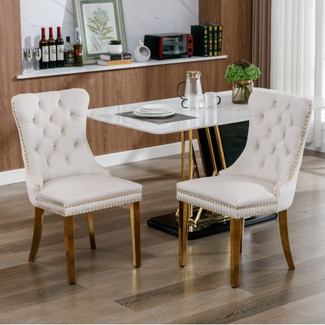 Stuhl Esszimmerstuhl Samt gepolstert Beige Holz OKMYHOME (1/5)