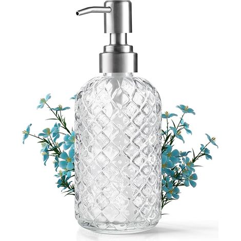 Dispenser di sapone in vetro ricaricabile da 396,9 g (circa 14 oz) con testina a pompa in acciaio inox – per erogare sapone per le mani, gel doccia, lozione (1/5)