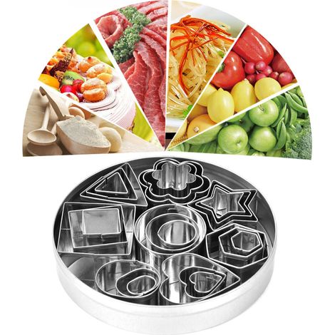 24 emporte-pièces en acier inoxydable, formes ronde, cœur, étoile, fleur, triangle et hexagone. Moule à biscuits pour la cuisson. (1/5)