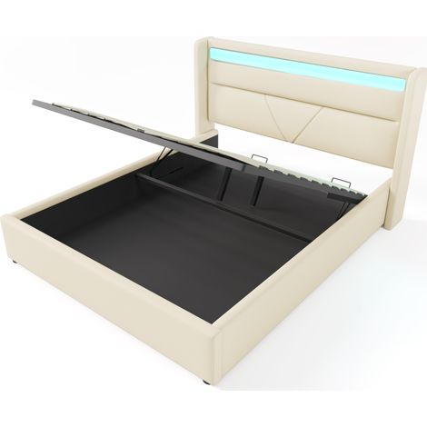 Cama con canapé abatible hidráulico 140x200 cm con LED, tapizado PU blanco, mando a distancia (1/5)