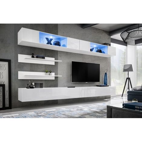 Ensemble mural - FLY I - 2 rangements LED - 2 meubles TV - 2 étagères - Blanc - Modèle 2 - Livraison gratuite