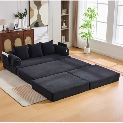 Sofá modular de pana negra con puf, estructura de metal, bolsillo lateral y 3 cojines (1/5)