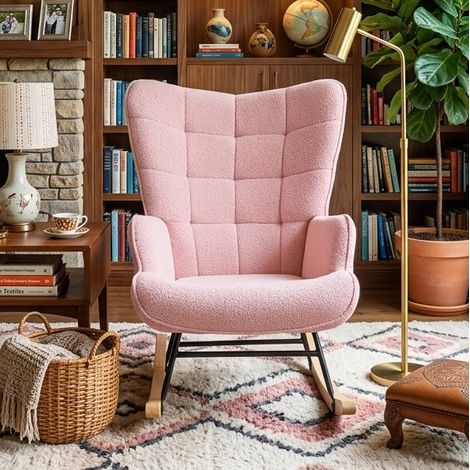 Creahappy Fauteuil Basculant Rocking Chair Bouclé Rose - Chaise Balancelle Relaxation Design - Pieds Métal et Bois (1/5)