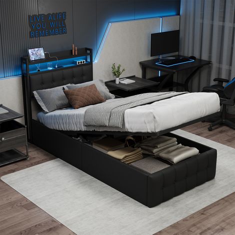 JOOKGBD-Lit Coffre 90x200 cm avec LED et Port USB,Lit Simple Rembourré 90x200 cm avec Sommier et Rangement et Tête de lit,lit adolescent,pour Adulte Adolescent,PU,Gris (1/5)