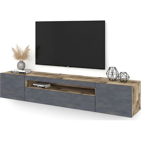 Dmora Mobile da soggiorno Porta TV, Made in Italy, Supporto per TV da salotto a 3 ante e ripiani, cm 200x40h37, colore Acero e Ardesia, con luce LED blu, con imballo rinforzato