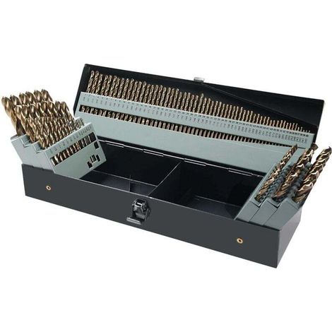 Set of 115 M35 cobalt-tipped high-speed steel drill bits for hardened metals, stainless steel, cast iron, wood and plastic, with metal storage box. (1/4)