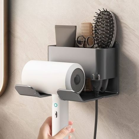BelleRise - Support mural sans perçage pour sèche-cheveux et téléphone — Fixation par ventouse — Organiseur de salle de bain gain de place (1/5)