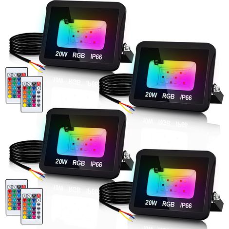 Randaco Foco LED RGB con mando a distancia, set de 4 focos LED RGB 20W, 16 colores y 4 modos, IP66 exterior jardín y terraza