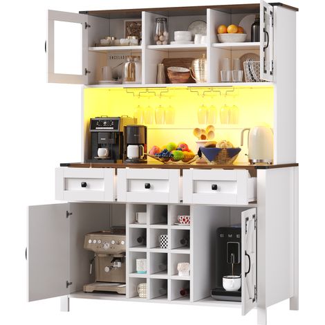 Armoire haute de cuisine avec ports USB et prises, meuble latéral à 4 portes et 3 tiroirs, buffet avec bande lumineuse LED, meuble de cuisine, meuble de rangement, buffet, blanc, 120×40×170cm (1/5)