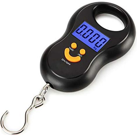 Bilancia elettronica a sospensione 50 kg / 10 g, display LCD retroilluminato, nera, portatile, ideale per la pesca e la pesatura di precisione