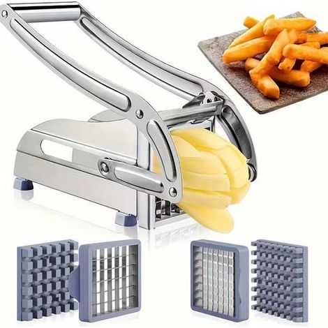 Taglia patate in acciaio inox, taglia patatine fritte, taglia verdure, 2 lame, dispositivo manuale con manico, taglia senza sforzo verdure larghe 9 mm e 12 mm (1/5)