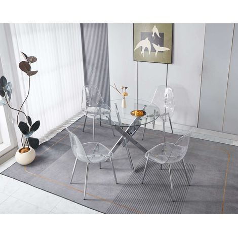 Conjunto de comedor de metal con 1 mesa y 4 sillas tapizadas en terciopelo, acabado cromo y respaldo alto ergonómico (1/5)