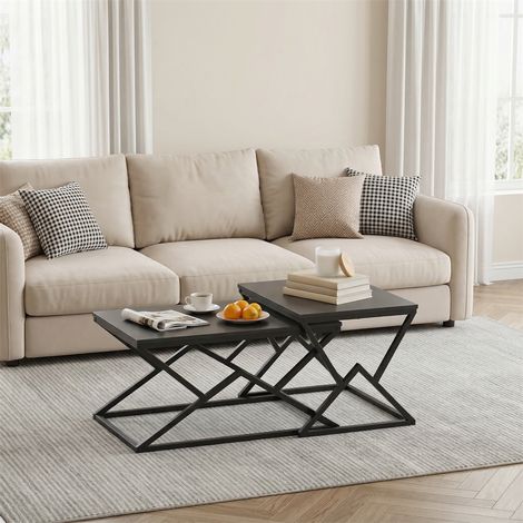 Geometrischer Couchtisch in Schwarz – 80 x 50 x 40 cm – Couchtisch im Industrial-Stil mit Holzplatte und Metallgestell – Schwarz