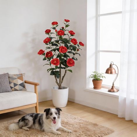 Camélia artificiel 0m91 à fleurs rouges avec pot (1/5)