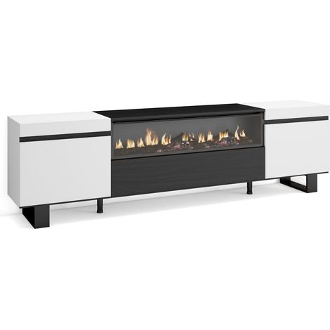 Skraut Home - Mueble TV, Televisión, Muebles de salón, almacenaje, 200x57x35cm, Para TV hasta 80", Chimenea eléctrica, Diseño industrial, Estilo Moderno, Blanco y negro (1/5)