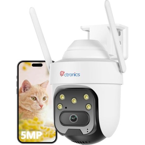 Ctronics Caméra de Surveillance Extérieure 5MP PTZ WiFi 2,4/5GHz – Détection AI, Suivi Auto, Vision Nocturne Couleur 30 m, Audio Bidirectionnel, IP66