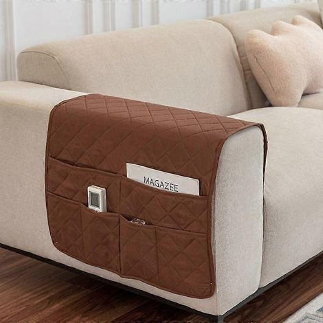 Sac de rangement pour accoudoir de canapé avec de multiples poches, idéal pour ranger magazines, téléphones, télécommandes et autres objets. (1/5)