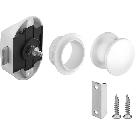 Serrure verrou avec bouton Push-lock poussoir axe 25mm poignée rosace idéal bateaux caravanes camping car van fermeture sans clé, blanc (1/5)