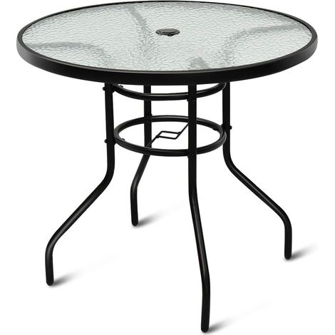 COSTWAY Mesa de Jardín de Vidrio y Metal con Orificio para Sombrilla Mesa Auxiliar de Balcón Terraza Interior y Exterior (1/5)
