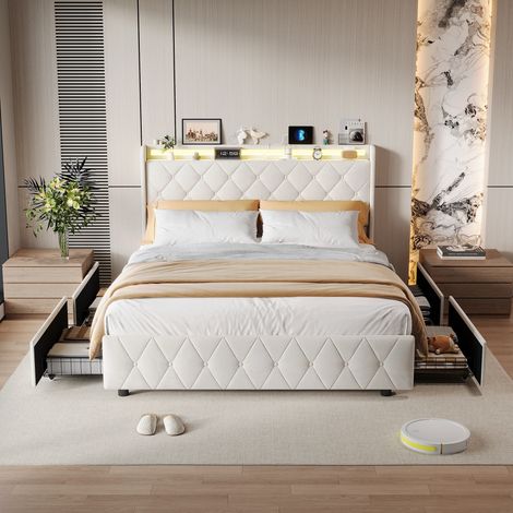 lit 140x200 cm, lit 140x200 avec sommier, avec 4 tiroirs, lit adulte, avec port USB et LED, cadre de lit, velours, Beige (1/5)